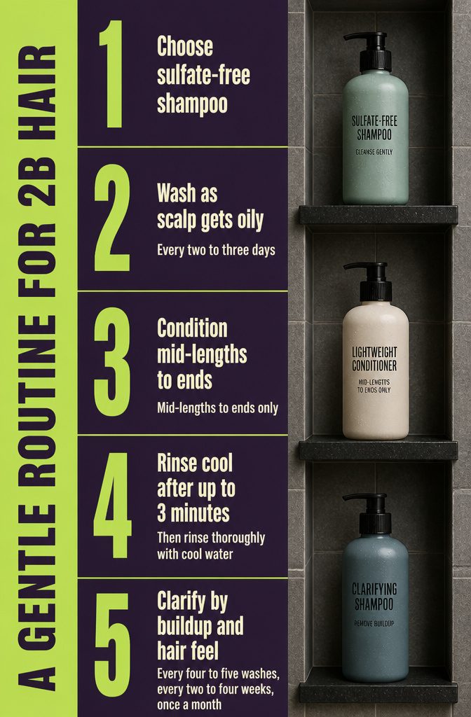 Hair care routine guide showing shampoo and conditioner steps for wavy hair