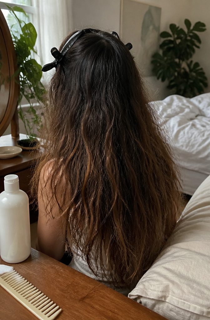 Long wavy hair with root clips and frizzy lengths ending in dry tips