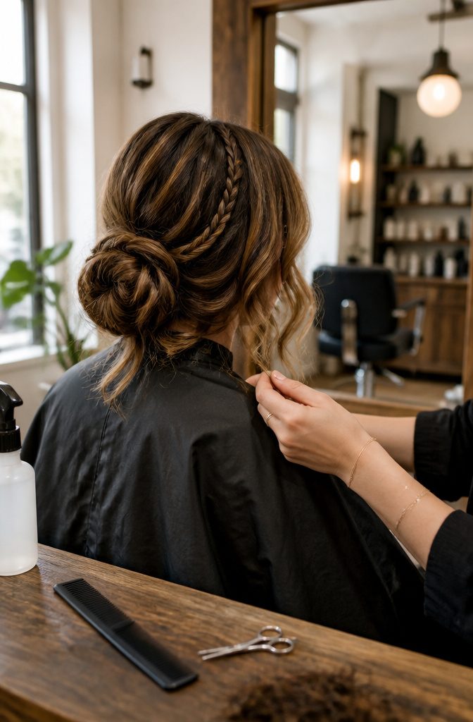 Shoulder-length waves with layers curtain bangs and small temple braids