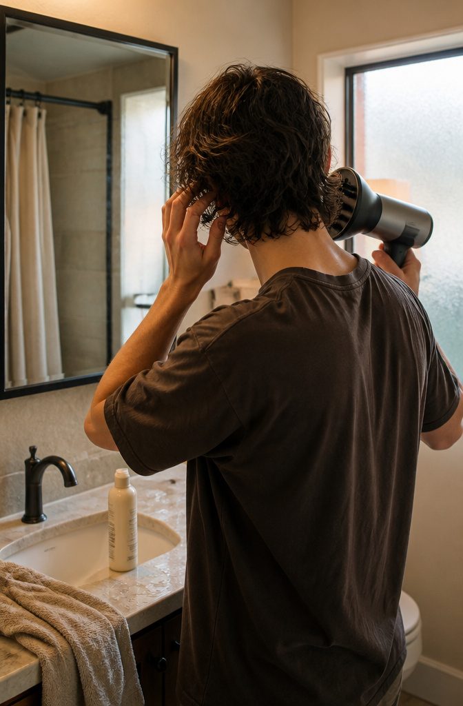 Man with textured wavy hair gently cupping one side beside a diffuser