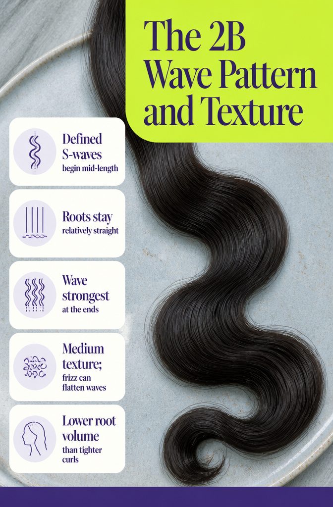 2B hair pattern diagram with straighter roots and defined S-shaped ends