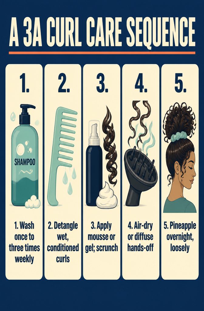 Curl care sequence graphic with steps for washing detangling styling and drying