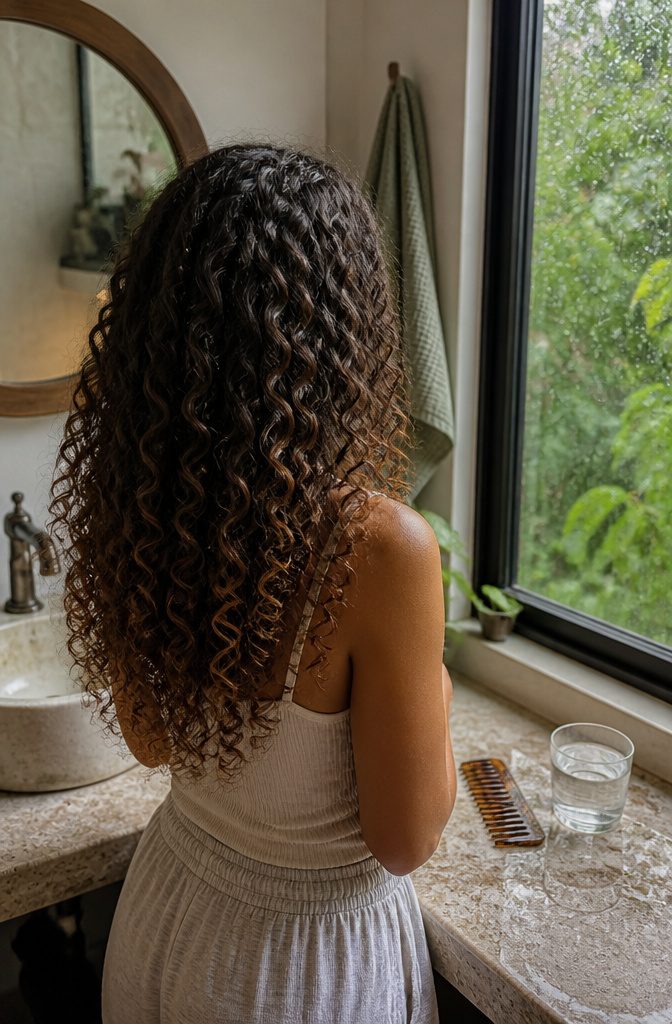 Loose curly hair with defined corkscrews beside softer neighboring spirals