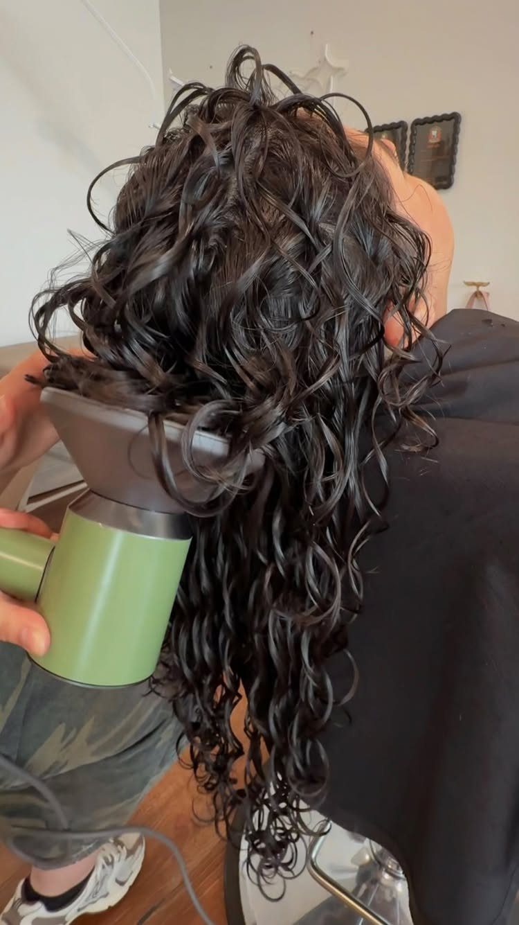 Wet dark curls hang over a diffuser hair dryer held close
