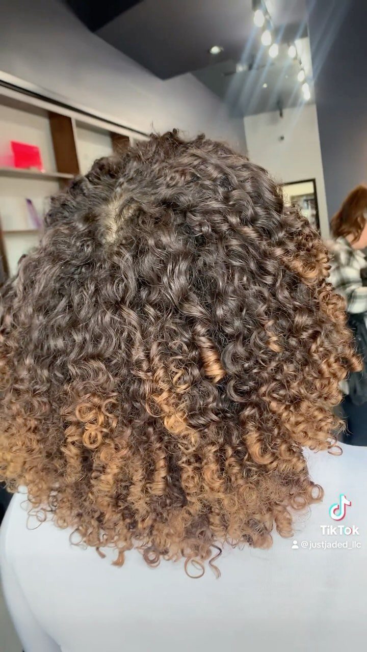 Dark brown 3a curls with caramel ends shown from behind in a salon