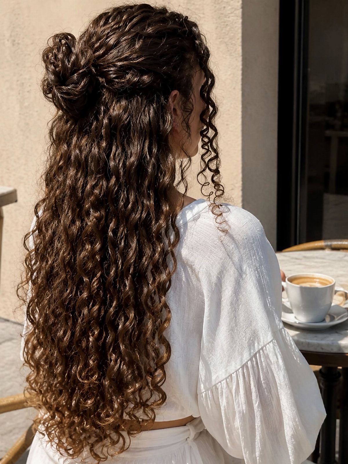 Long dark curls fall in soft layers beneath a loosely pinned half-up style