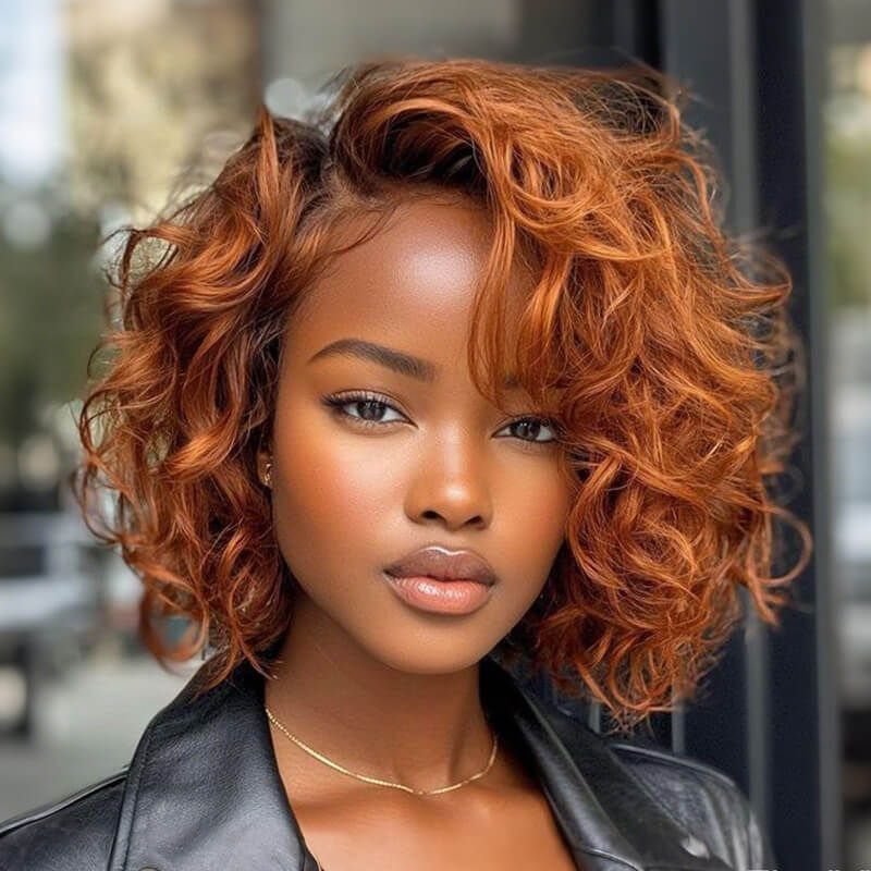 Woman with a rounded copper curly bob and a side part