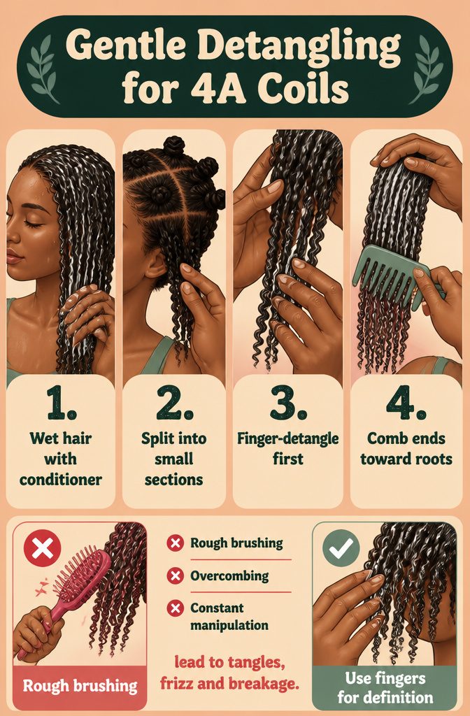 Detangling guide for 4A coils with conditioner and wide-tooth comb