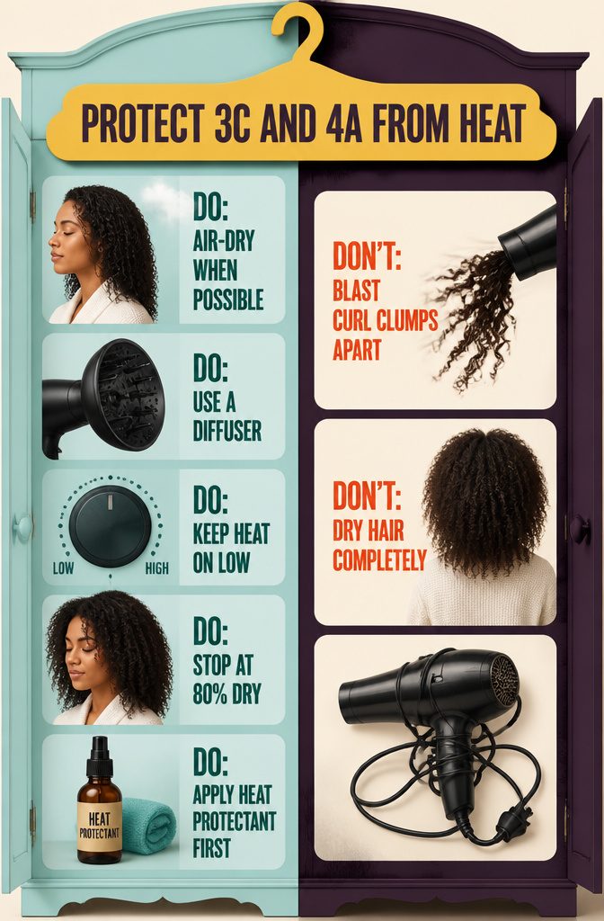 Heat protection guide showing diffuser and textured hair