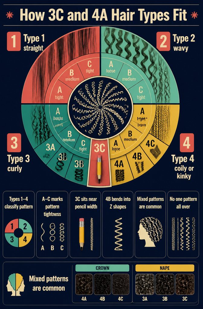 Hair type chart comparing 3C curls with 4A coils