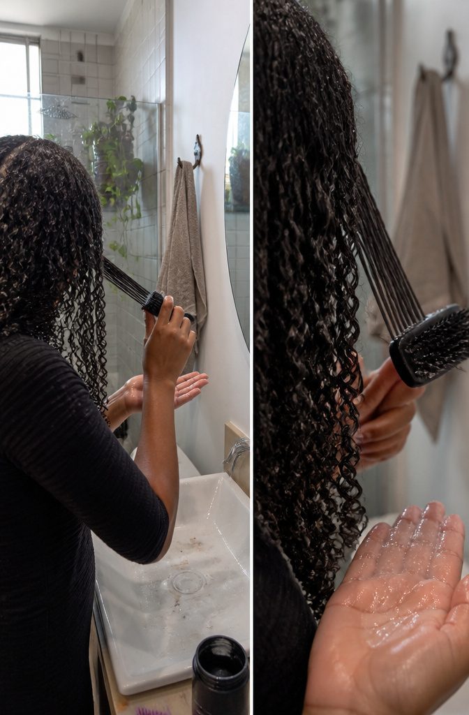 Wet 3C and 4A hair divided into styling sections