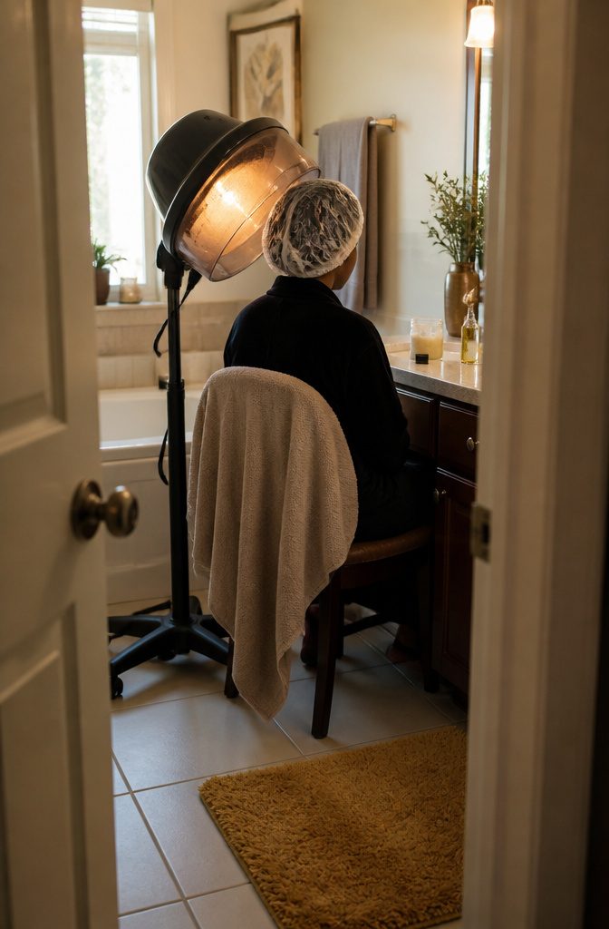 Person wearing conditioning cap beside hair mask and light oil