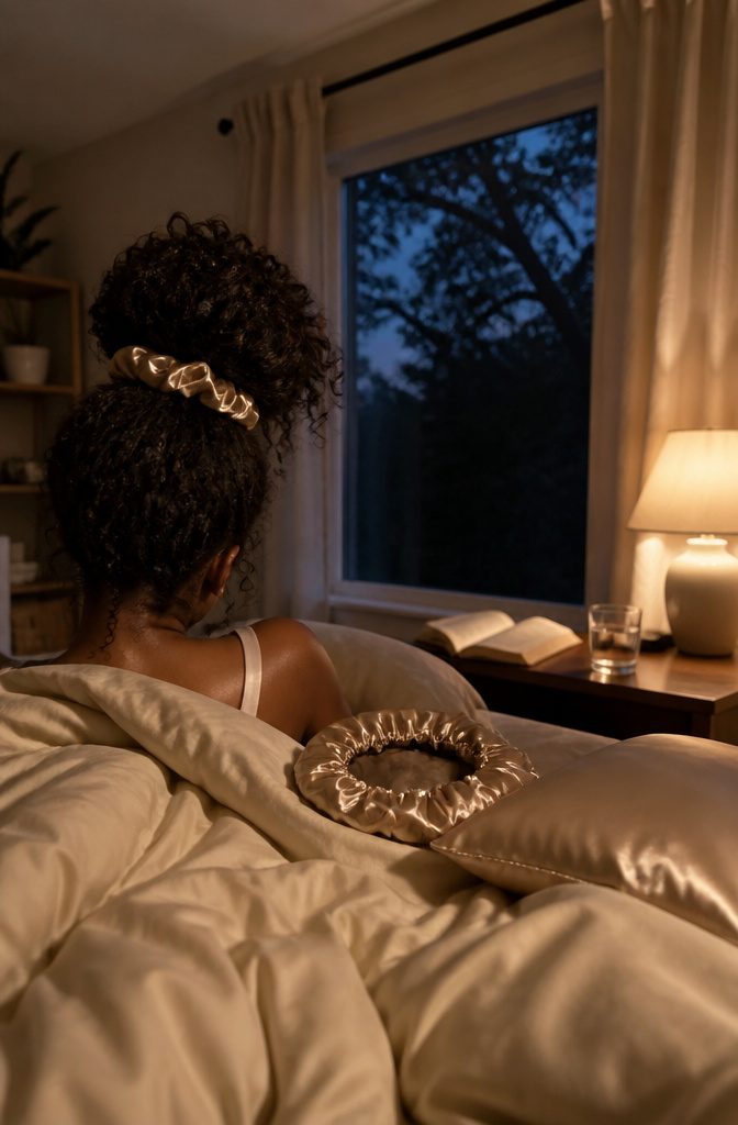 Loose pineapple hairstyle with satin bonnet and pillowcase
