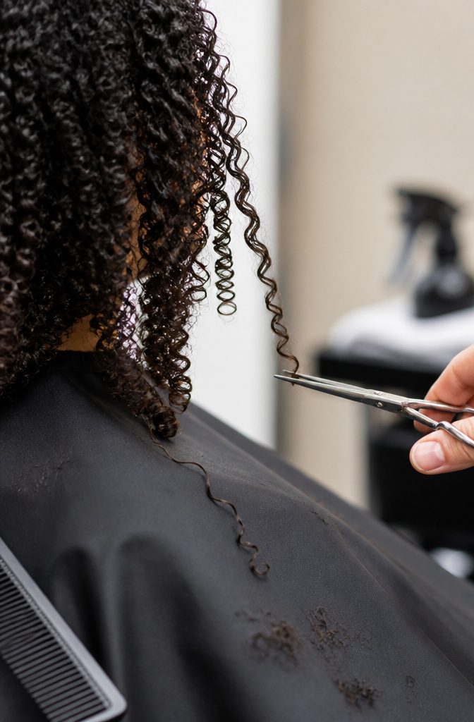 Close view of textured curls after an end trim