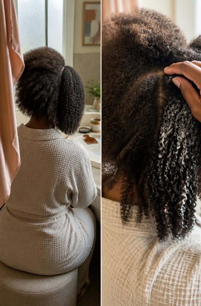 Voluminous 4B hair beside a compact 4C fro