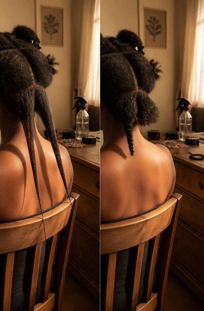 Natural 4B and 4C hair sections showing different amounts of shrinkage
