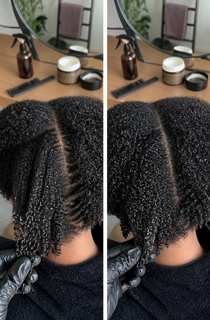 Separated 4B strand with broad bends beside tightly coiled 4C hair