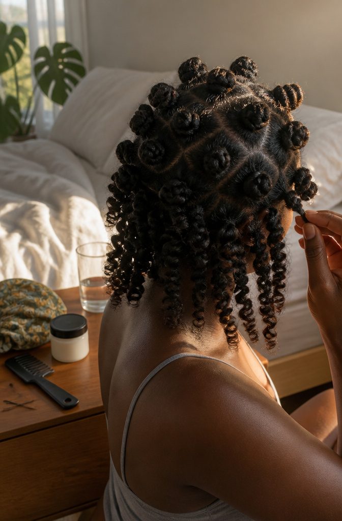4C hair divided into secured Bantu knots across the head