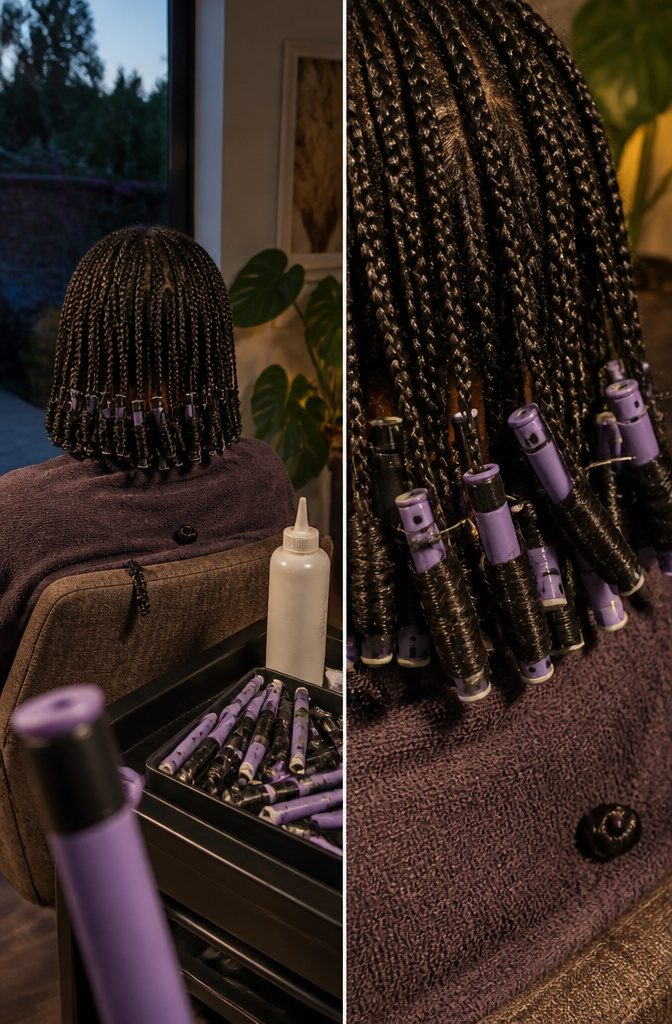 Small braided sections with curled ends wrapped around perm rods