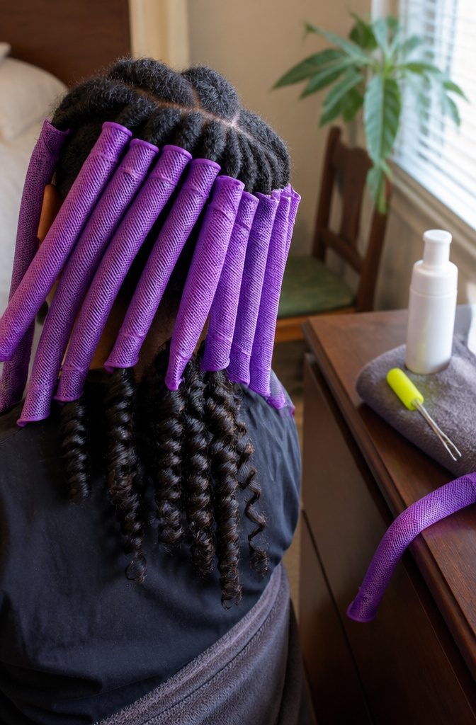 4C hair pulled through mesh curlformers with finished spirals behind
