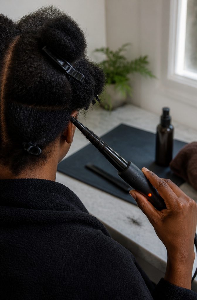 4C hair sections wrapped around a curling wand for defined curls