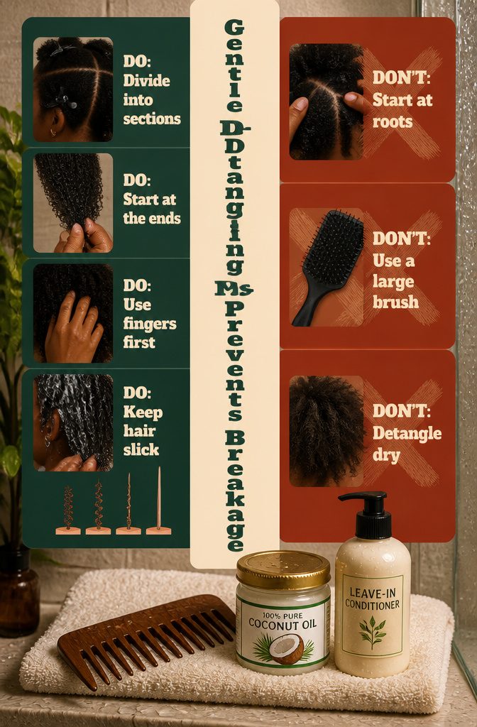 Gentle detangling steps for sectioned 4C hair using conditioner