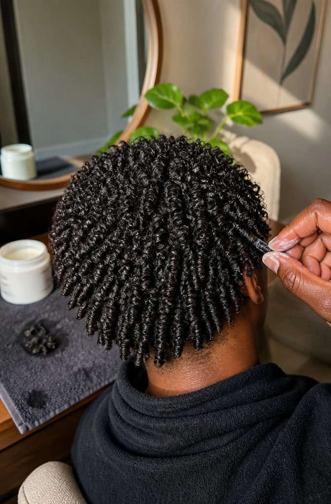4C hair covered in tight finger coils with one hand working