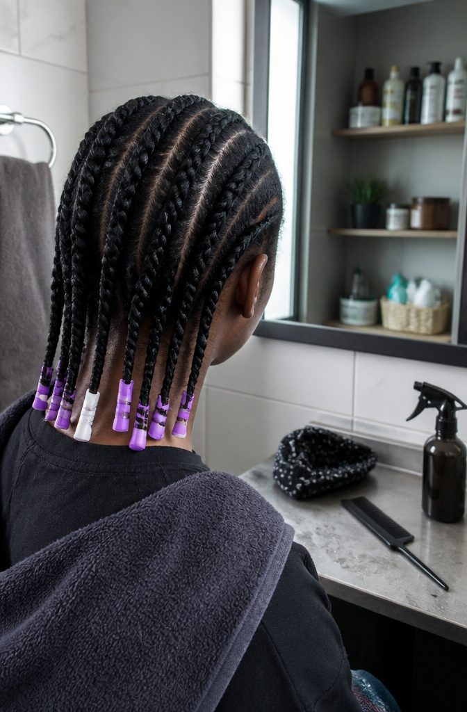 Flat twists attached to scalp with ends wrapped around perm rods
