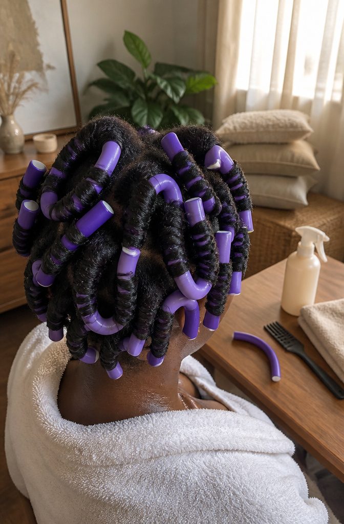 Damp 4C hair wrapped around thick and thin flexible rods