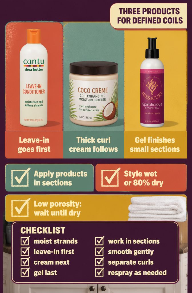 Leave-in conditioner curl cream and gel arranged for defined coils