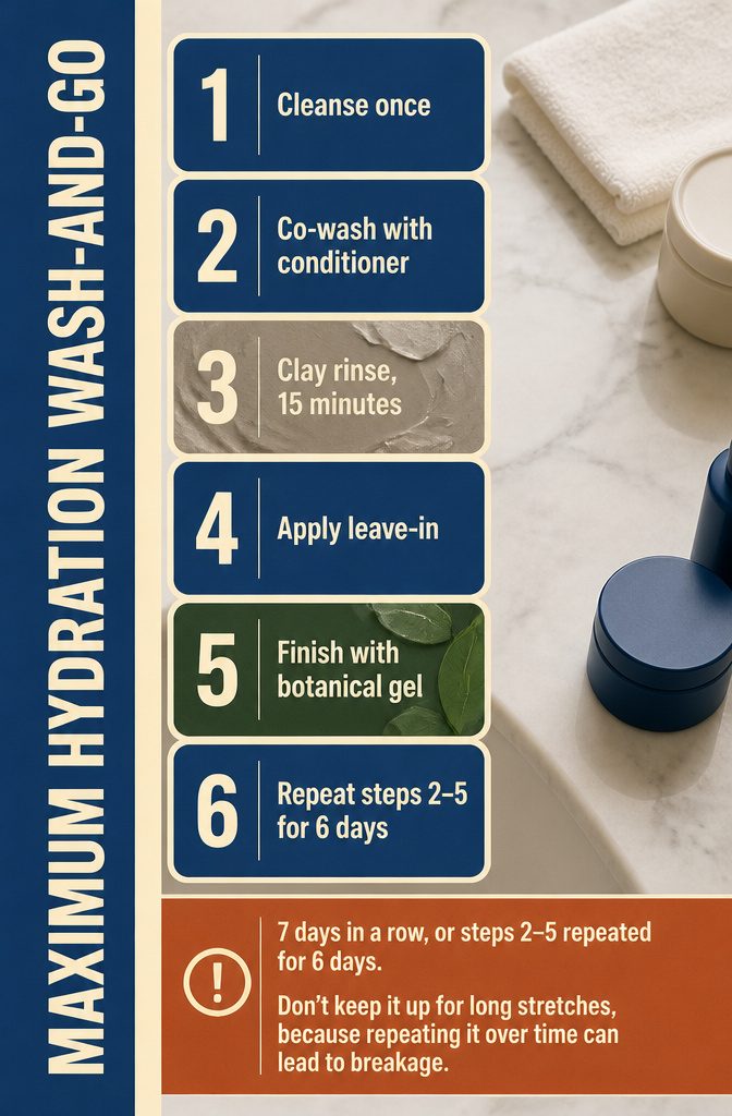 Maximum Hydration wash-and-go steps with cleanser clay rinse and gel