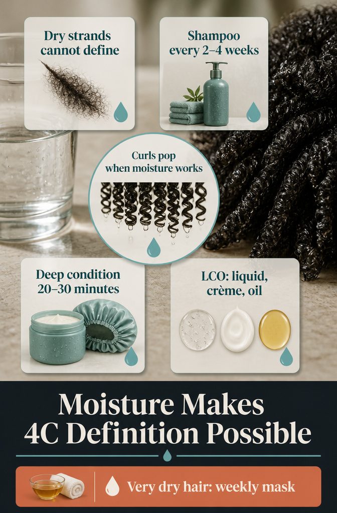 Moisture routine graphic showing hydration steps for defined 4C coils