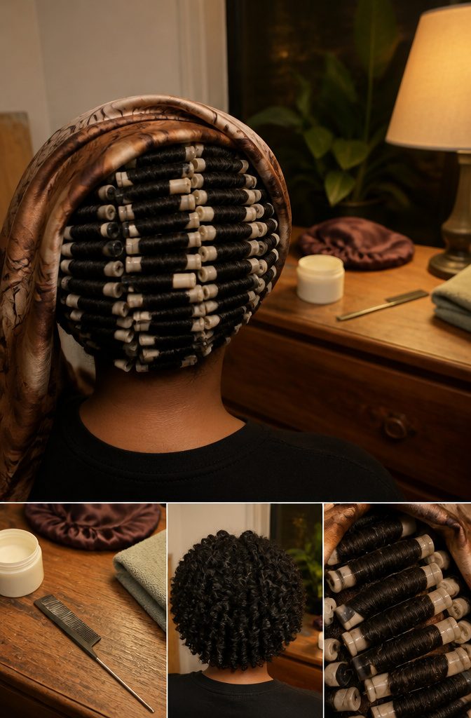 4C hair set on multiple perm rods in small sections
