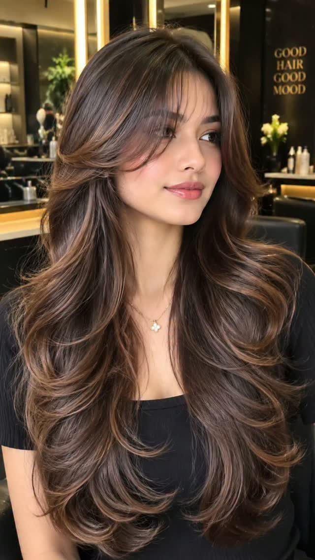 Woman showing voluminous brown waves with outward-styled curtain bangs in a salon