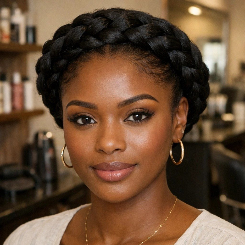 Woman wearing a thick black halo braid around her head in a salon