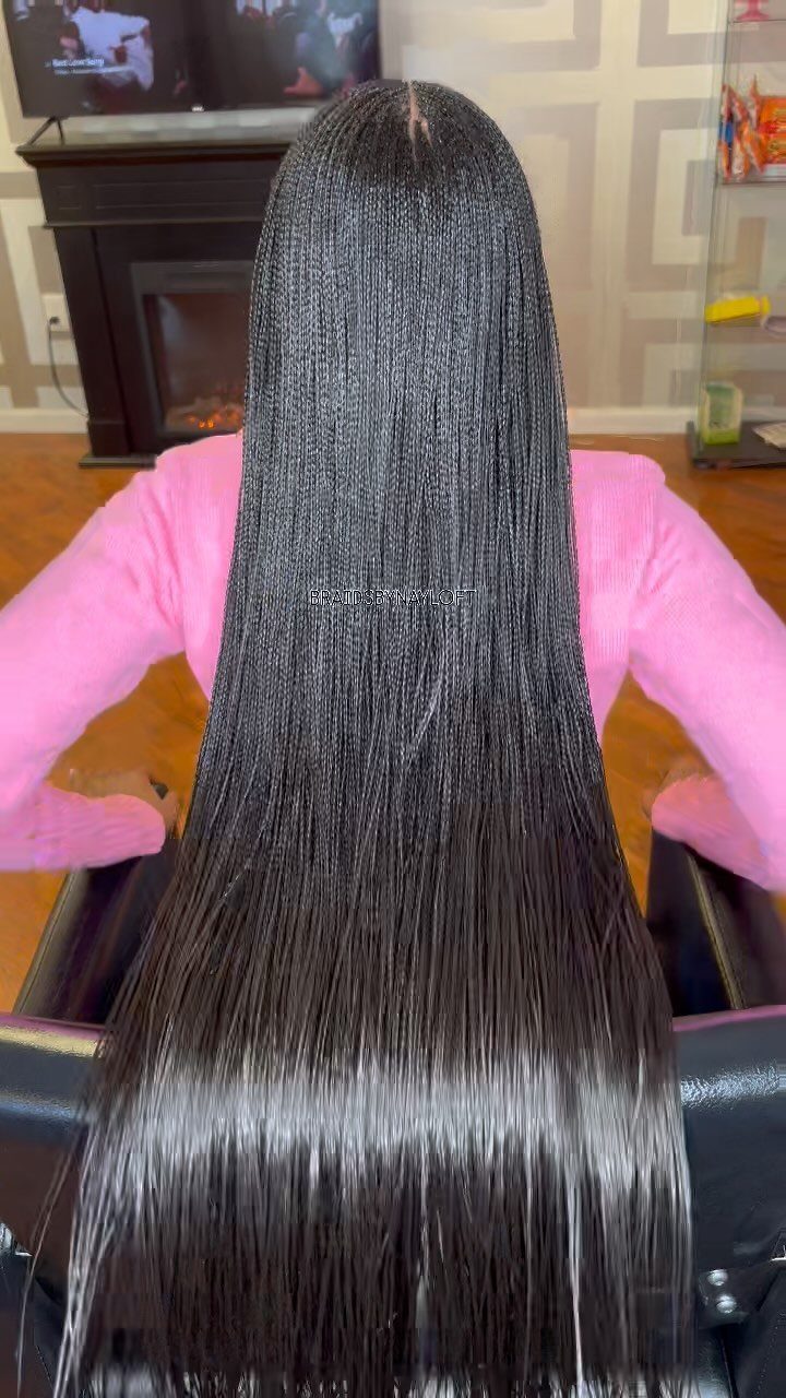 Long, fine black braids fall straight down the back of a seated person