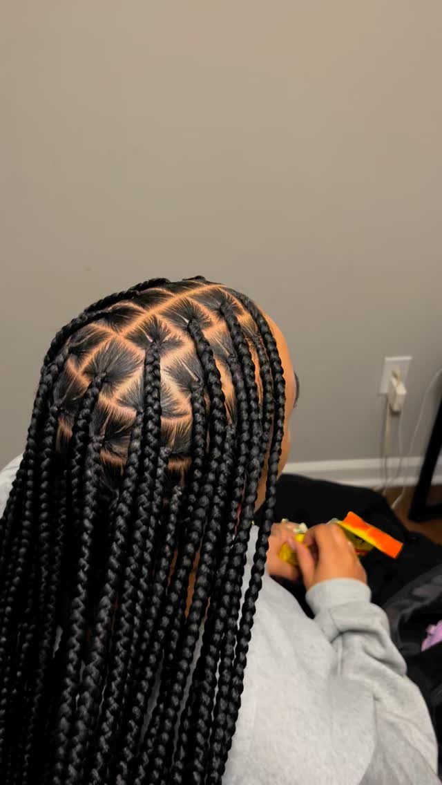 Small black box braids fall down a seated person's back