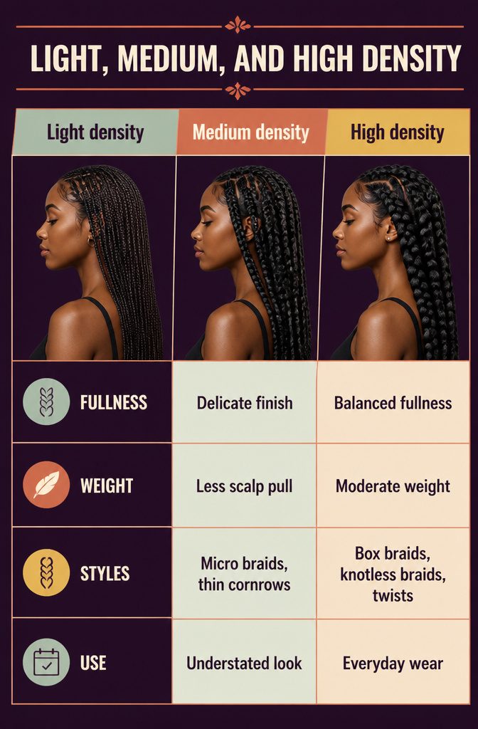 Density comparison showing light medium and high fullness in braids