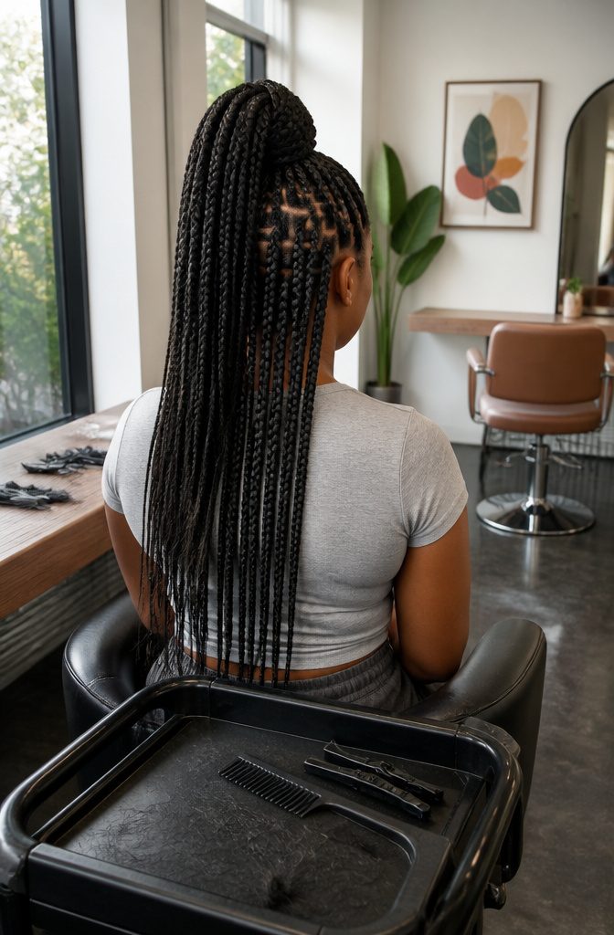 Medium box braids in a high ponytail with loose mid-back lengths