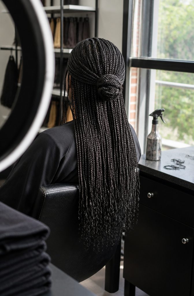 Medium braids resting at the shoulders with room to gather them