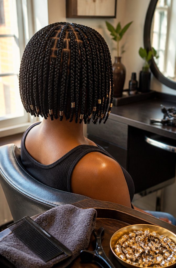 Box braids and cornrows falling between chin and bob length