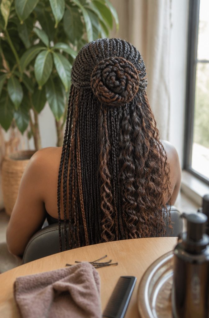 Half-up braids with a small bun and straight wavy and curly sections