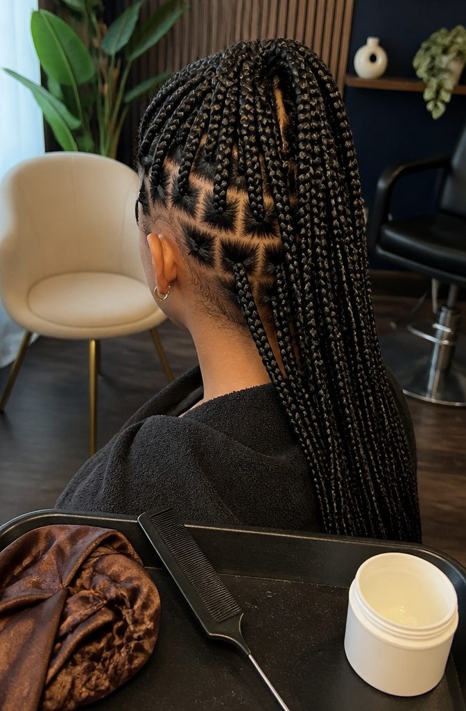 Long dense braids gathered to reveal balanced parts and the hairline