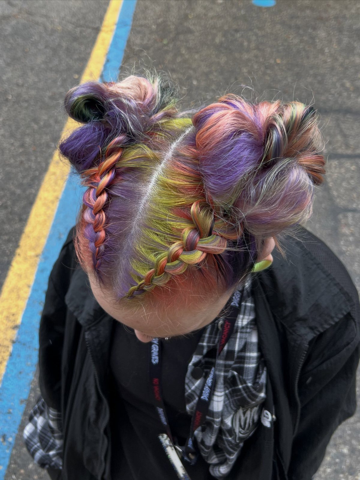 Colorful double braided buns arranged on either side of a center part