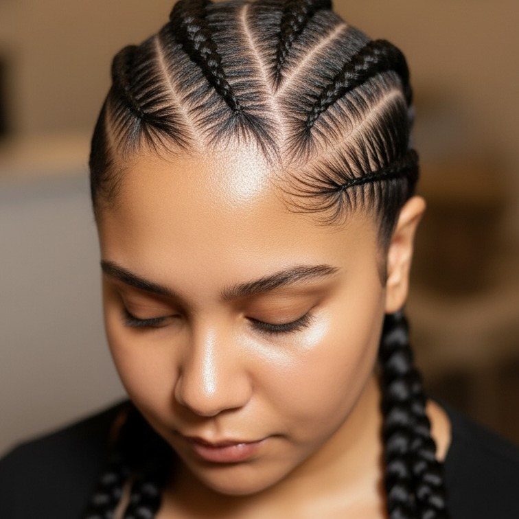Curved cornrows feed into long black braids on a person looking down