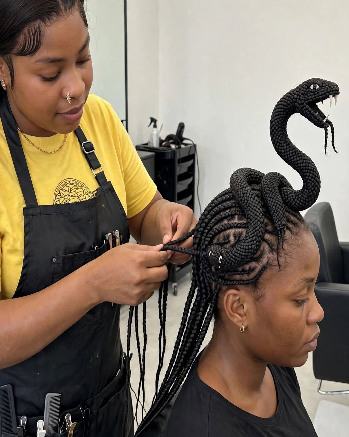 Hairstylist braiding curved cornrows beneath a raised snake-shaped braided updo