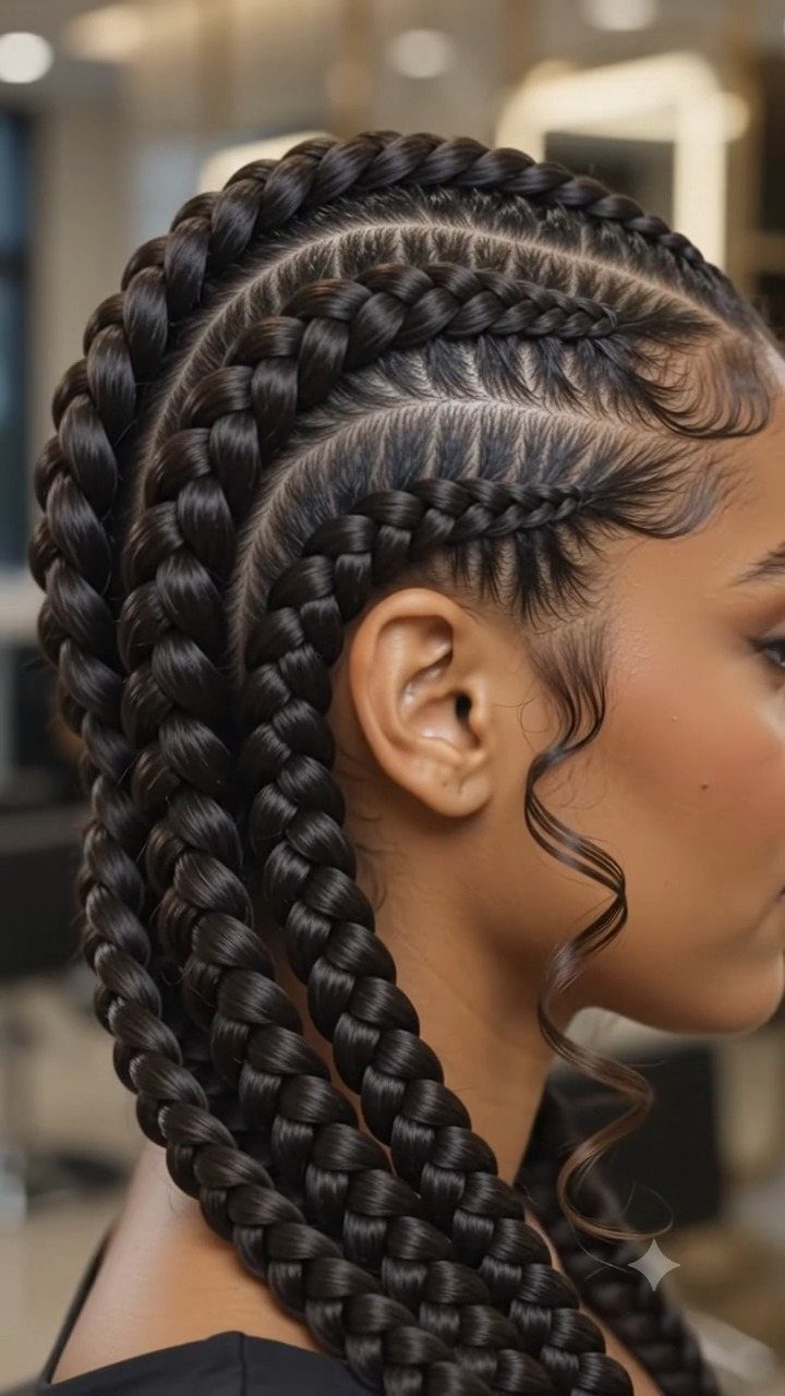 Thick curved cornrows feed into long braids behind the head
