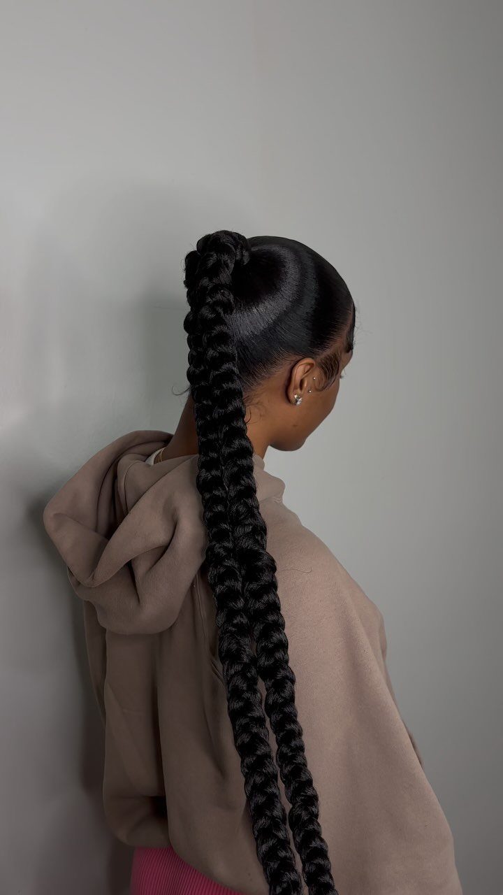 Two long dark braids form a high ponytail against a gray wall