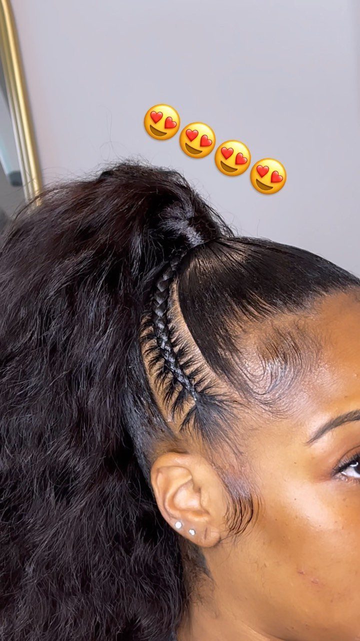 High dark ponytail with a narrow braid along the sleek hairline