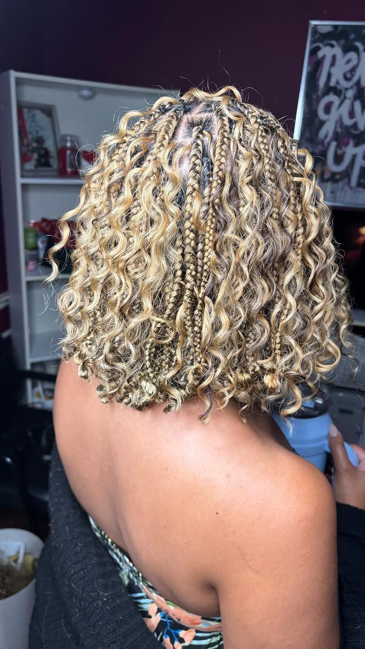 Short bob with blonde and dark box braids, curled ends, shown from behind
